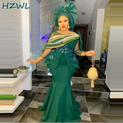 Dark Green Mermaid Evening Dresses Plus Size Aso Ebi Peplum Vestidos De Noite Illusion Illusion Long Sleeves Prom Dress