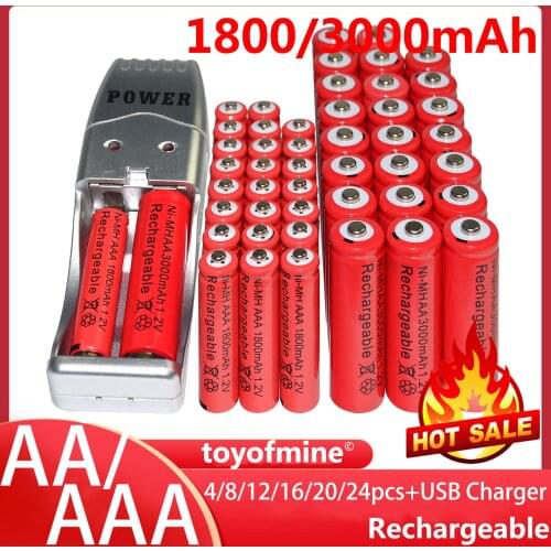 24x AA 2A Red Color 1.2V Ni-MH 3000mAh Rechargeable Battery + USB Charger