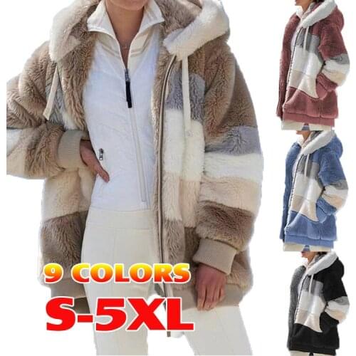 2021 Winter hot womens hooded coats fleece faux fur parkas jackets plus size multicolor patchwork coats for ladies women
