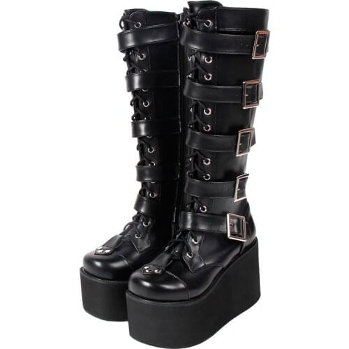 Angelic imprint handmade Women motorcycle cool punk boots lady lolita shoes woman high heels pumps straps rivets lace up 919