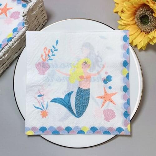 20Pcs/Pack Cute Mermaid Decoupage Paper Napkins Cartoon Starfish Paper Tissues for Girls Birthday Party Table Decorations J