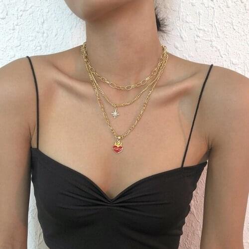 Find Me Vintage Geometric Star Dripping Oil Heart Rhinestone Pendant Clavicle Chain Necklace For Women Jewelry Accessories