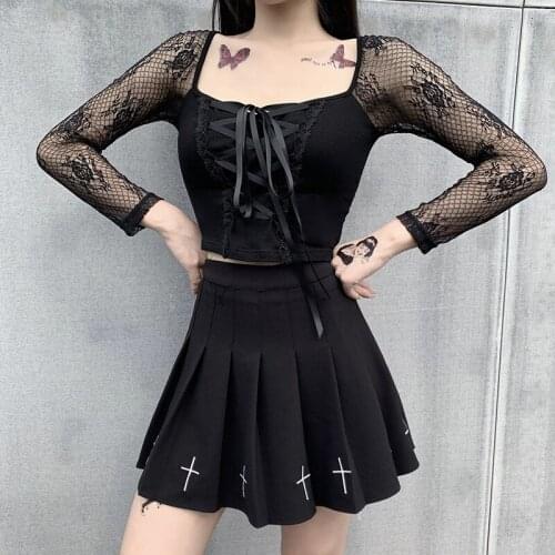 Dark Goth Black Street Lace Patchwork T-shirt Women Sexy Y2k E-girl Lacing High Waist Slim Short Bottom Tee Tops Female
