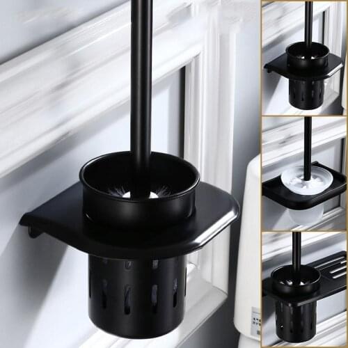 Black Aluminum Wall-Mounted Bathroom Accessories Toilet Brush Holder with Storage Organizer Basket, Toilet Brush Stand Kit
