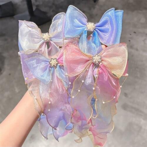 Ranbow Color Chiffon Hair Clips For Girls Children Sweet Long Ribbon Hairpins Decorate Hairgrip Headband Hair Accessories 2021