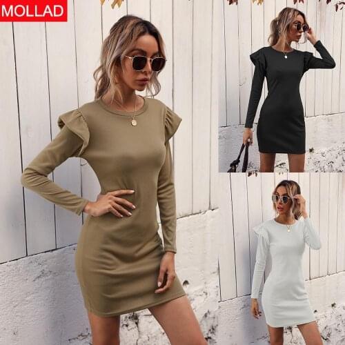 European and American Womens Clothing Spring and Autumn Slim Fit Sexy round-Neck Long-Sleeved Dress