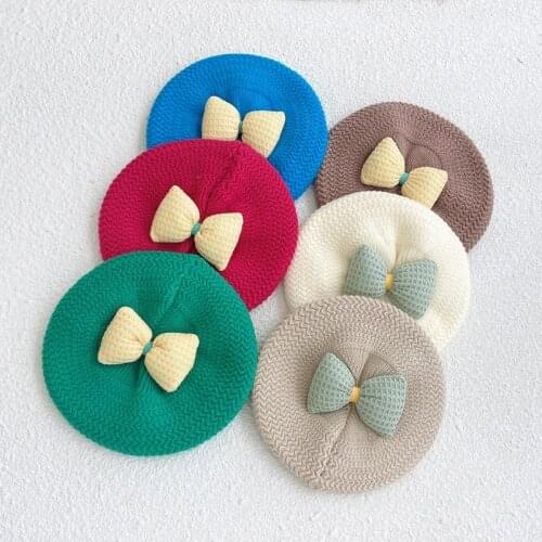 FOCUSNORM 8 Colors Little Girls Knit Beret Hat French Style Solid Winter Warm Artist Beanie Cap with Bow