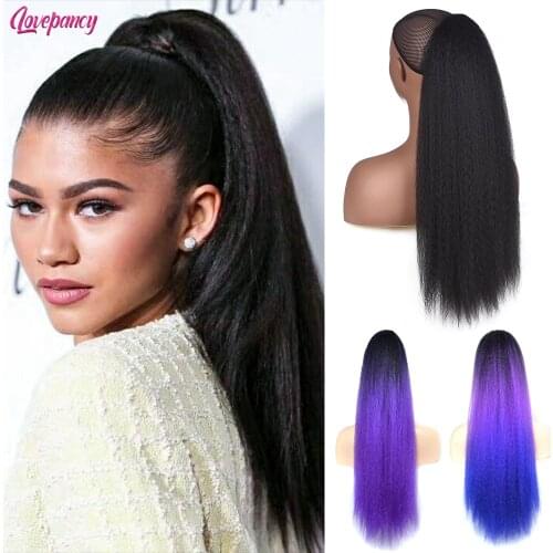 Long Afro Puff Ponytail Hair Kinky Natural Hair Synthetic Kinky Straight Drawstring Ponytails For Black Women 22 Inch Lovepancy