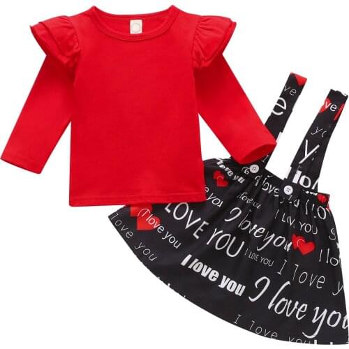 Valentines Day 2Pcs Infant Baby Outfits Baby Girl Dress Set Fly Sleeve Round Neck Pullover+Letter Suspender Skirt Suit Red
