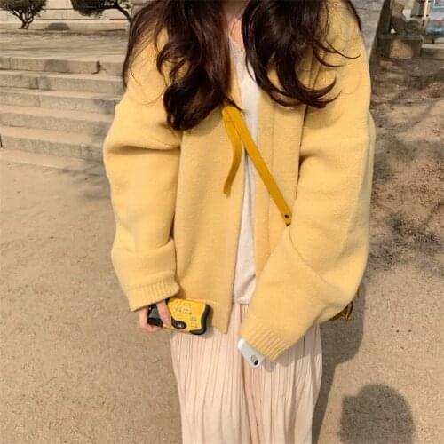 Women Autumn Winter Twist Sweater Coat Knitted Cardigan Jacket Oversized Long Sleeve Outwear 2021 Students Solid Yellow Jacket