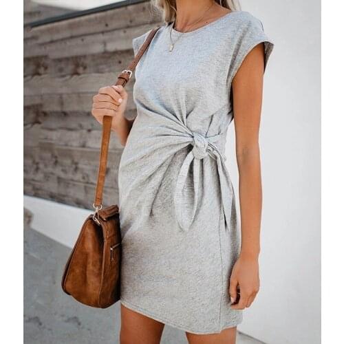 2020 Hot Pure Color Tie-in Waist Pregnant Womens Dress Soft And Comfortable Cotton Spot Vestidos Gestante Pregnancy Dress Robe