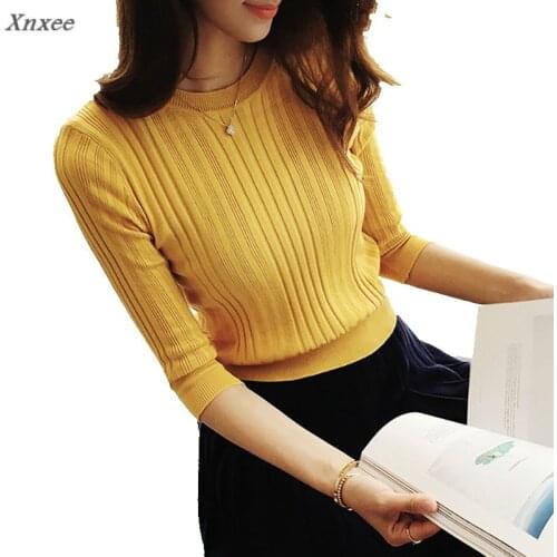 Xnxee new 2018 half sleeve cotton Crewneck sweater female sleeve head sleeve shirt five solid tight sweater thin repair