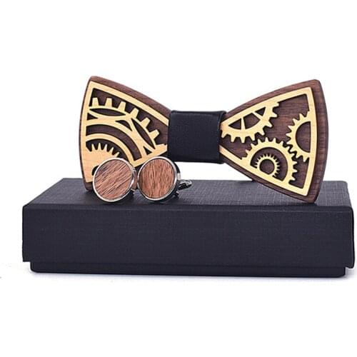 Dropshipping wedding wooden women bow tie cufflink set gear formal adjustable walnut maple wood bowtie for men