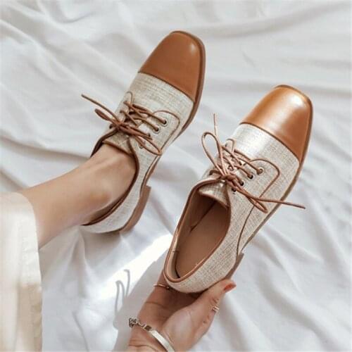 PXELENA Plus Size 34-43 Spring Oxfords Shoes for Women Lace Up Square Toe Mixed Colors Chunky Low Heels Derby Shoes Ladies Daily