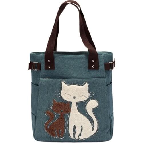 New Fashion Womens Handbag Canvas Bag With Cute Cat Appliques Portable Causal Ladies Small Bags Best Sale-WT
