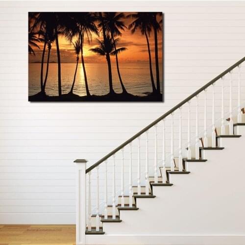 Sunset Ocean Palms Trees Sky Landscape Canvas Painting Print Living Room Home Decor Modern Wall Art Oil Painting Poster Pictures