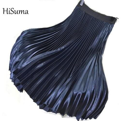 2020 autumn winter new female solid color satin metallic color organ pleated skirt womens high wait bust skirts