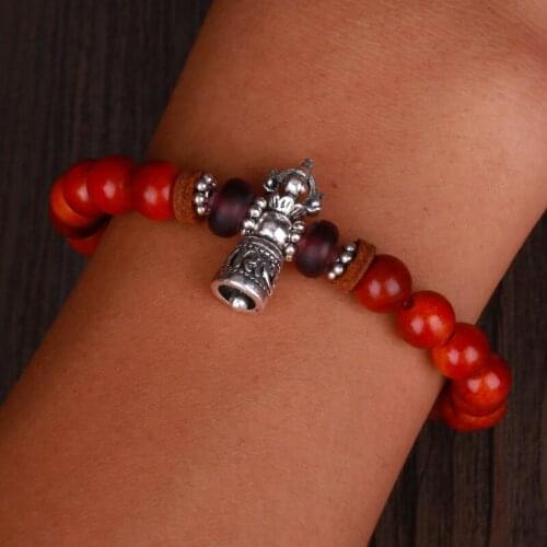KEJIALAI Natural Red Sandalwood Hand String Beads Bracelets Women Men Buddhistic Tibetan Buddha Hand String Bell Bracelet