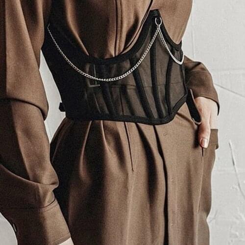 Goth Aesthetic Mesh Tube Black Mesh Bustier Cropped Top Back Lace Up Chain Tank Top for Woman See Thought Wrap Top Festival