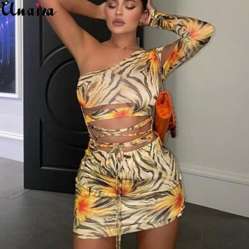UNAIZA 2021 Female Dress Hollow Oblique Shoulder Single Sleeve Strappy Hip Sexy Women High Waist Pullover Print Lace New Skirt