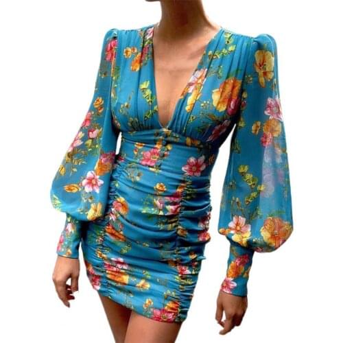 Women Dress Elegant Bodycon Dress Autumn Floral Print Lantern Sleeve Deep V Neck Ruched Dress Floral Print Bodycon Dress Women