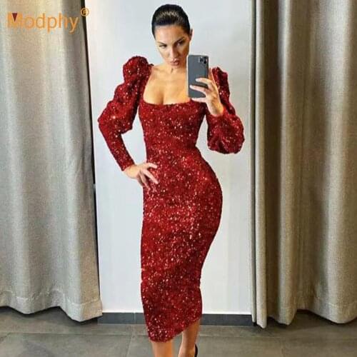 Spring and Autumn Womens Sexy Square Collar Lantern Long Sleeve Sequined Bodycon Dress Vestidos Runway Evening Party Dress 2021