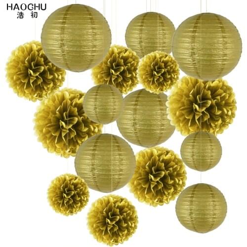 16pc/lot Decorative Round Tissue Paper Lantern Pom Poms Flower Balls Gold Color Wedding Party Kid Birthday Decoration Babyshower