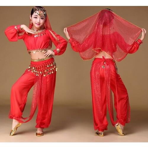 2017 Children Indian Dance 4 piece Girls Costume Set (Top, Belt, Pants and Head Pieces) Kid Girl Bollywood Egypt Dance Costumes