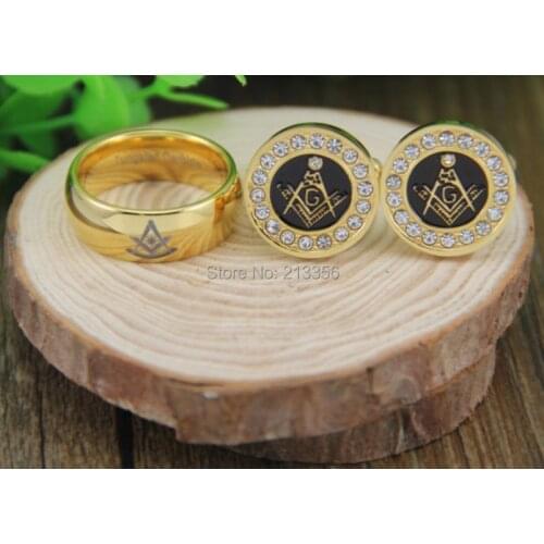 Free Shipping!USA Hot Sales MENS LUXURY JEWELRY SET 8MM GOLDEN DOME PAST MASTER TUNGSTEN RING&GOLDEN STEEL MASONIC CUFFLINKS