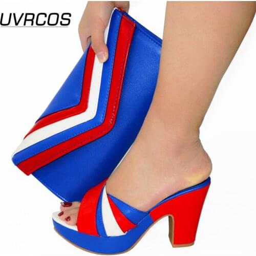 Italian Design 2021 Nigerian Hog Selling Fashion Party Wedding Comfortable High Heels Women Shoes and Bag Set in Blue Color