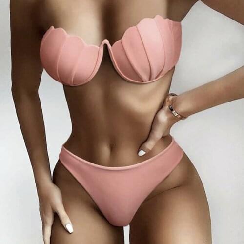 Underwired Shell High Waist Bikini 2020 Women Bandeau Swimsuit Female Swimwear Two pieces Bikini set Bra cup Bathing Suit swim