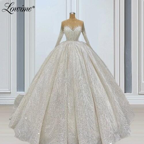 Lowime Muslim Wedding Dresses Puffy Long Sleeves Shiny Bridal Gowns 2021 Couture Arabic Illusion Plus Size Wedding Bride Dress