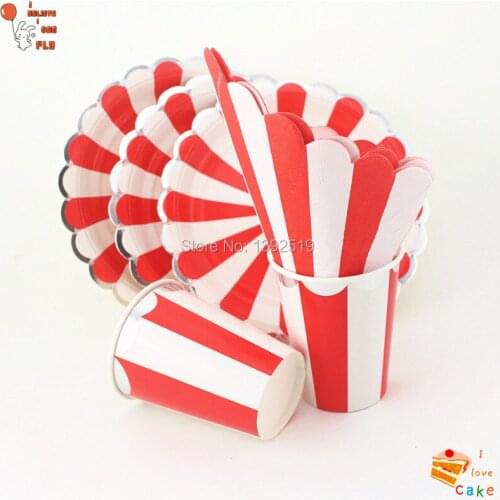 New 104Pcs/Lot Retro Red Striped Tableware Set Paper Plates Cups Napkins Kids Birthday Wedding Party Silver Dinner Decoration