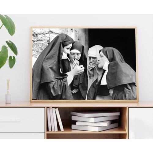 Smoking Nuns Prints And Posters Vintage Photo Black and White Poster Cigarette Funny Wall Art Canvas Paintings Room Home Decor