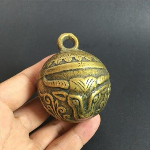 Collectable Chinese Pure Brass Carved Animal Faced Ox Head Cowbell And Wind Bell Exquisite Small Pendant Statues