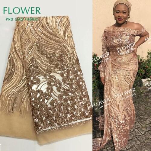Champagne Gold Sequins Mesh Net Lace Fabrics High Quality Sequined Embroidered Tulle Lace Rose Gold Sequins Bride Dress Fabrics