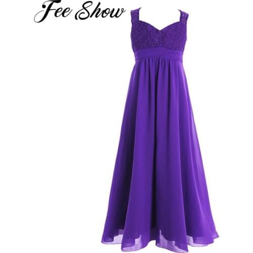 4-14Y Girls Chiffon Lace Flower Girl Dress Princess Pageant Wedding Bridesmaid Birthday Party Dress Chrismas Children Clothes