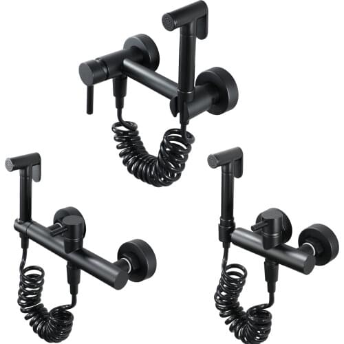 Toilet Bidet Faucet With Bracket Matte Black Brass Bathroom Shower Hot and Cold Water Self Cleaning Hand Sprayer HIDEEP