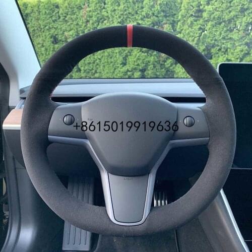 For Tesla Model 3 2017-19 Top Perforated Leather Carbon Fiber Car Steering Wheel Hand-stitch on Wrap Steering wheel Cover
