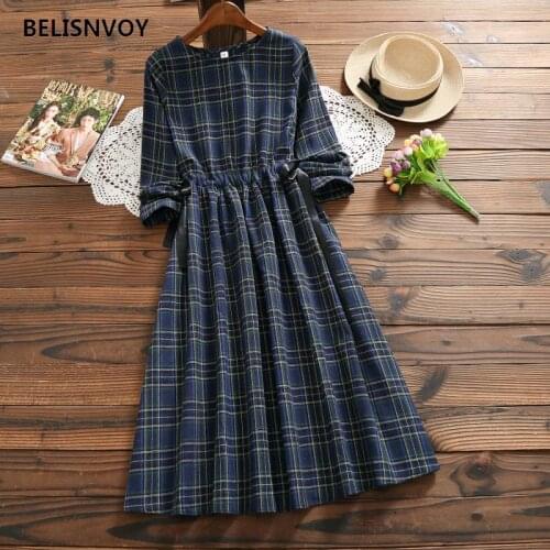 Mori Girl Autumn Spring Vintage Midi Dress Elegant Plaid Casual Loose Lace Up Vestidos Preppy Style Sweet Cotton Linen Dress