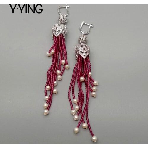 Y·YING Natural round Garnet White Pearl Tassel Cubic Zirconia Pave dangle LeverBack Earrings