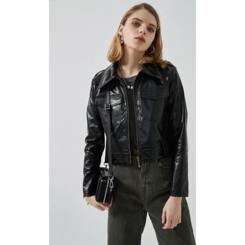 Fashion Polo Collar Pu Leather Jackets Female Shiny Waterproof Crocodile Pattern Design Motor Fashion Leather Outerwear F2753