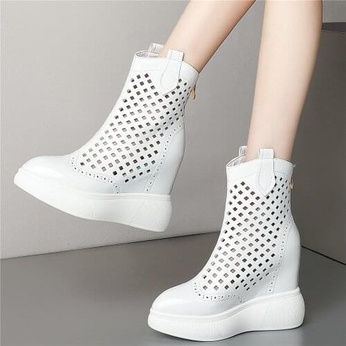 12cm High Heel Fashion Sneakers Women Hollow Genuine Leather Wedges Ankle Boots Female High Top Pointed Toe Pumps Casual Shoes