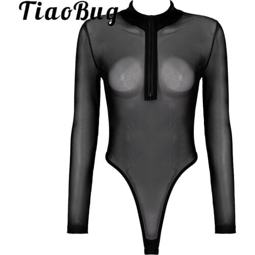Womens Mock Neck Zipper Skinny Catsuit High Cut Long Sleeve Romper Jumpsuit See-through Mesh Slim Leotard Sexy Bodycon Bodysuit