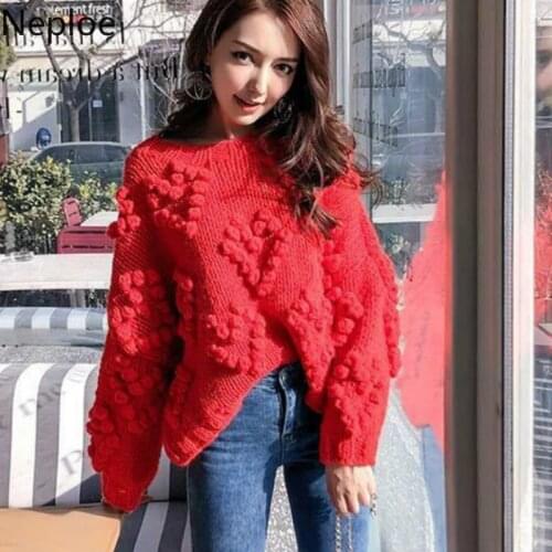 Neploe Autumn Winter Retro Hand Knitting Love Sweater Women O Neck Pullover Bow Solid Sueter Thick Long Sleeve Pull Femme 47122