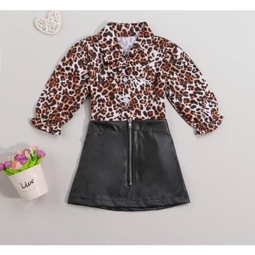 1-5Years Autumn Fashion Baby Girls Clothes Sets 0-5Y Leopard Printed Long Sleeve Shirts Tops PU Leather A-Line Skirts 2pcs