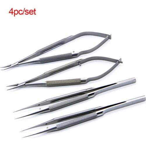 4pcs/set Ophthalmic Microsurgical Instruments 12.5cm Scissors+Needle Holders +Tweezers Stainless steel Surgical Tool