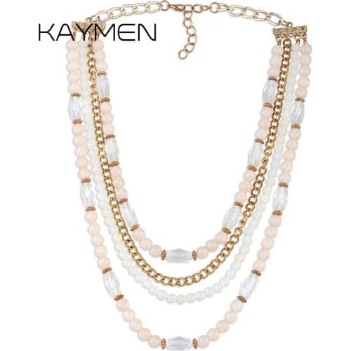 KAYMEN Handmade Acrylic Strands Beads Long Chains Necklace for Girls Multi-layers Charm Golden Plated Party Jewelry Necklace