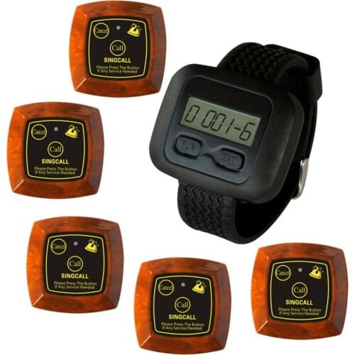 SINGCALL Wireless Kitchen Calling Waiter System for Cafe,Hotel,Bank,Supermarket 5 Remote Call Button Pagers and 1 Watch Receiver