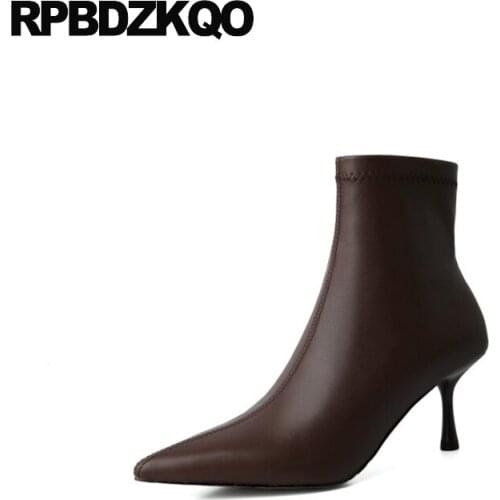 Pointed Toe Black Stiletto Autumn Ankle Waterproof Women Girls Short Brown Thin Designer Shoes High Heel Side Zip Boots Stretch